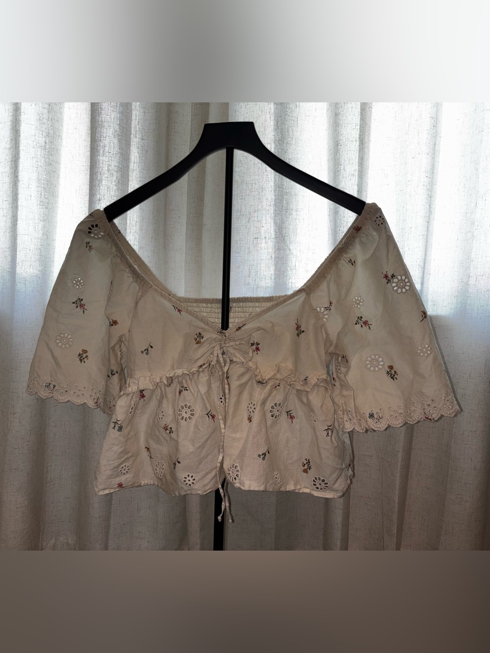 American Eagle Outfitters Cream Embroidered Eyelet Off-Shoulder Crop Top